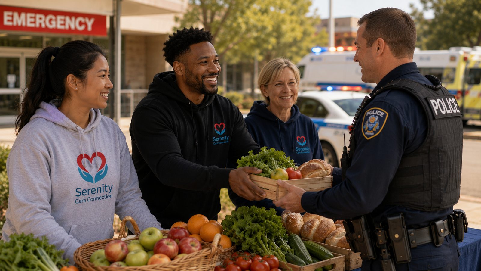 Serenity Care Connection volunteers connecting with emergency services during a community support day