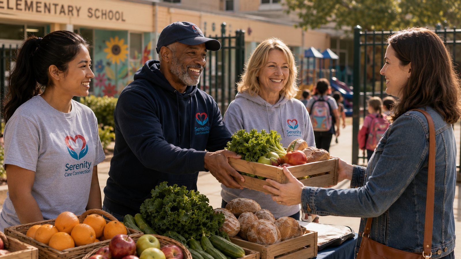 Serenity Care Connection volunteers supporting a local school community with fresh produce