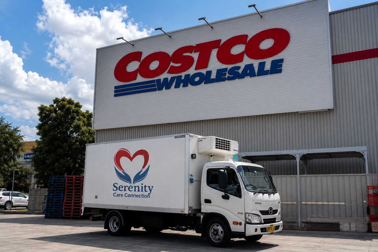 Serenity Care Connection delivery truck parked outside Costco Wholesale